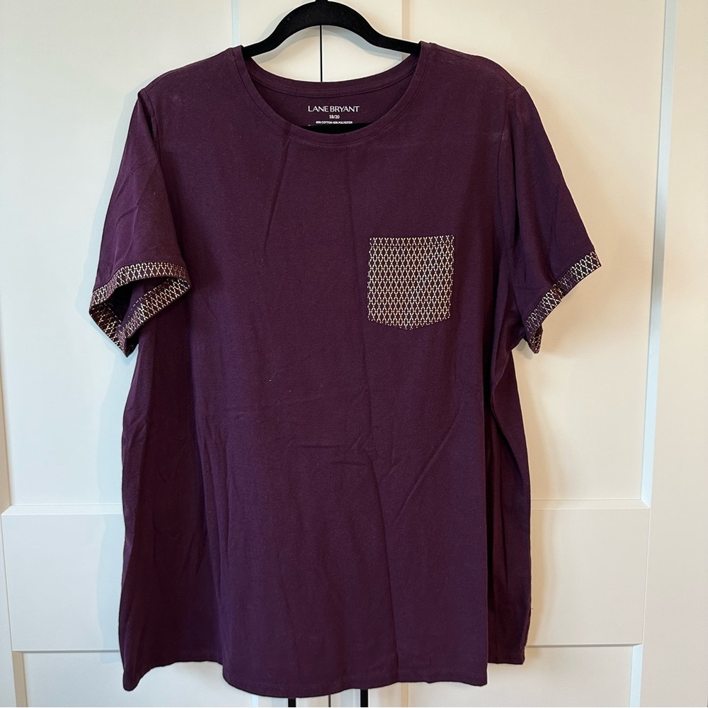 Lane Bryant Purple & Gold Patterned Pocket T-Shirt, size 18/20